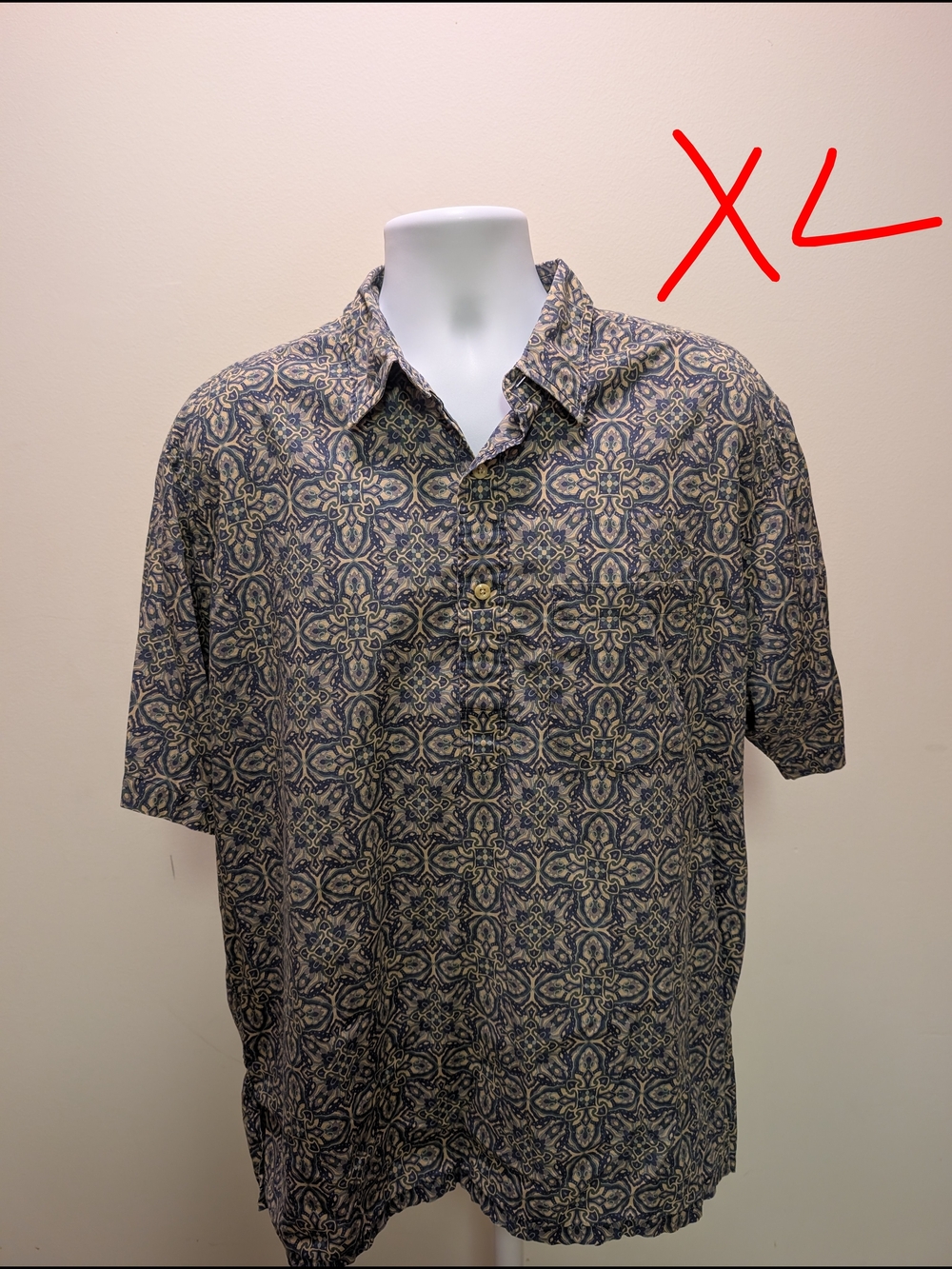 Men's Short-Sleeve Button-Down Shirt - Patterned Blue and Beige